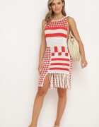r&f fashion Rochie Alb-Roșu Mulată din Bumbac cu Finisaj Ajurat fără Mâneci Balmalia