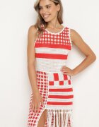 r&f fashion Rochie Alb-Roșu Mulată din Bumbac cu Finisaj Ajurat fără Mâneci Balmalia