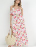 r&f fashion Rochie Albă-Roșie din Bumbac cu Flori cu Volane Janellie