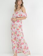 r&f fashion Rochie Albă-Roșie din Bumbac cu Flori cu Volane Janellie