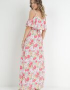 r&f fashion Rochie Albă-Roșie din Bumbac cu Flori cu Volane Janellie