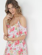 r&f fashion Rochie Albă-Roșie din Bumbac cu Flori cu Volane Janellie