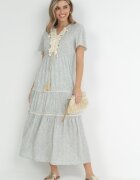 r&f fashion Rochie Maxi Albastru deschis cu Elastic în talie și Ciucuri cu flori Patriske