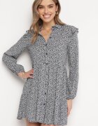 r&f fashion Rochie Mini Albastru Marin Evazată Florală cu Volane pe Umeri Lorean