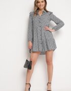 r&f fashion Rochie Mini Albastru Marin Evazată Florală cu Volane pe Umeri Lorean