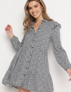 r&f fashion Rochie Mini Albastru Marin Evazată Florală cu Volane pe Umeri Lorean