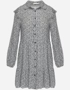 r&f fashion Rochie Mini Albastru Marin Evazată Florală cu Volane pe Umeri Lorean