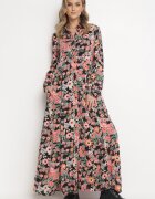 r&f fashion Rochie Negru-Roșie Evazată Maxi Tip cămașă Cu flori Moonsee