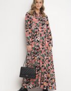 r&f fashion Rochie Negru-Roșie Evazată Maxi Tip cămașă Cu flori Moonsee