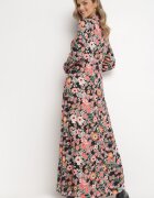 r&f fashion Rochie Negru-Roșie Evazată Maxi Tip cămașă Cu flori Moonsee