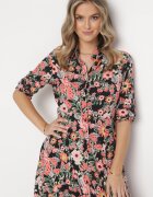r&f fashion Rochie Negru-Roșie Evazată Maxi Tip cămașă Cu flori Moonsee