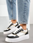 renda Sneakers Alb-Negru pe Talpă Groasă Embosată cu Perforație și Panteră Odivila