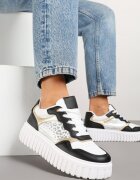 renda Sneakers Alb-Negru pe Talpă Groasă Embosată cu Perforație și Panteră Odivila