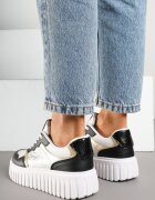 renda Sneakers Alb-Negru pe Talpă Groasă Embosată cu Perforație și Panteră Odivila