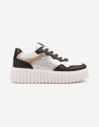 renda Sneakers Alb-Negru pe Talpă Groasă Embosată cu Perforație și Panteră Odivila