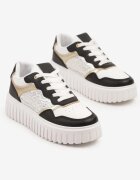 renda Sneakers Alb-Negru pe Talpă Groasă Embosată cu Perforație și Panteră Odivila