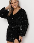 retro & icone Bluză Neagră Finisată cu Tiv Elastic la Bază cu Paiete și Decolteu Triunghiular Preozja