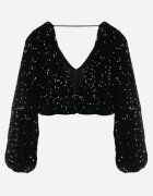 retro & icone Bluză Neagră Finisată cu Tiv Elastic la Bază cu Paiete și Decolteu Triunghiular Preozja
