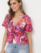 retro & icone Bluză Roz-violet din Viscoză cu Mânecă Scurtă și Legare în Față Miloella