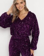 retro & icone Bluză Violet finisată cu elastic la bază cu paiete și decolteu triunghiular Preozja