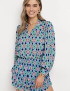 retro & icone Cămașă Albastră-Bleumarin din Viscoză cu Model Mozaic cu Mâneci Bufante Tlaria