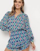 retro & icone Cămașă Albastră-Bleumarin din Viscoză cu Model Mozaic cu Mâneci Bufante Tlaria
