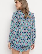 retro & icone Cămașă Albastră-Bleumarin din Viscoză cu Model Mozaic cu Mâneci Bufante Tlaria
