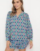 retro & icone Cămașă Albastră-Bleumarin din Viscoză cu Model Mozaic cu Mâneci Bufante Tlaria