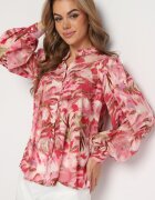 retro & icone Cămașă Roșu-Roz cu Model Floral cu Mâneci Lejere Nallestia