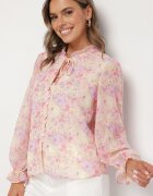 retro & icone Cămașă roz cu model floral delicat și cu legătură la decolteu Viralla