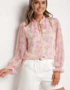 retro & icone Cămașă roz cu model floral delicat și cu legătură la decolteu Viralla