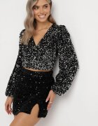 retro & icone Fustă Mini Cu Paiete Negră cu Decupaj și Talie Elastică Guha