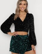 retro & icone Pantaloni scurți Verzi cu Pliu Decorați cu Paiete Nirvanya