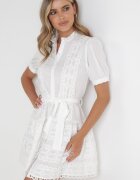 retro & icone Rochie Albă Cloș cu Dantelă și Curea Legată Alphonsina