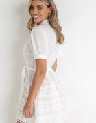 retro & icone Rochie Albă Cloș cu Dantelă și Curea Legată Alphonsina