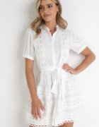 retro & icone Rochie Albă Cloș cu Dantelă și Curea Legată Alphonsina