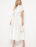 retro & icone Rochie Albă din Bumbac cu Croială Tip Cămașă cu Legătură în Talie Wosofia