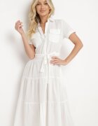 retro & icone Rochie Albă din Bumbac cu Croială Tip Cămașă cu Legătură în Talie Wosofia