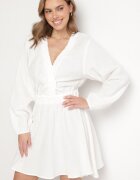 retro & icone Rochie Albă Evazată din Bumbac cu Decolteu în V Sallorea