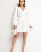 retro & icone Rochie Albă Evazată din Bumbac cu Decolteu în V Sallorea
