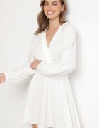 retro & icone Rochie Albă Evazată din Bumbac cu Decolteu în V Sallorea