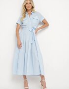 retro & icone Rochie Albastră din Bumbac cu Croială Tip Cămașă cu Cordon în Talie Wosofia