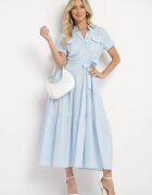retro & icone Rochie Albastră din Bumbac cu Croială Tip Cămașă cu Cordon în Talie Wosofia