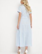 retro & icone Rochie Albastră din Bumbac cu Croială Tip Cămașă cu Cordon în Talie Wosofia