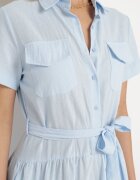 retro & icone Rochie Albastră din Bumbac cu Croială Tip Cămașă cu Cordon în Talie Wosofia