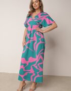 retro & icone Rochie Albastră-Roz cu croială evazată cu elastic în talie și decupaje decorative Fielona