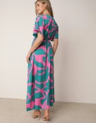 retro & icone Rochie Albastră-Roz cu croială evazată cu elastic în talie și decupaje decorative Fielona