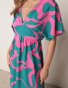 retro & icone Rochie Albastră-Roz cu croială evazată cu elastic în talie și decupaje decorative Fielona