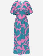 retro & icone Rochie Albastră-Roz cu croială evazată cu elastic în talie și decupaje decorative Fielona