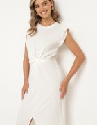 retro & icone Rochie Bej deschis din Țesătură Plisată Decorată cu Imitație de Nod cu Fentă Risley